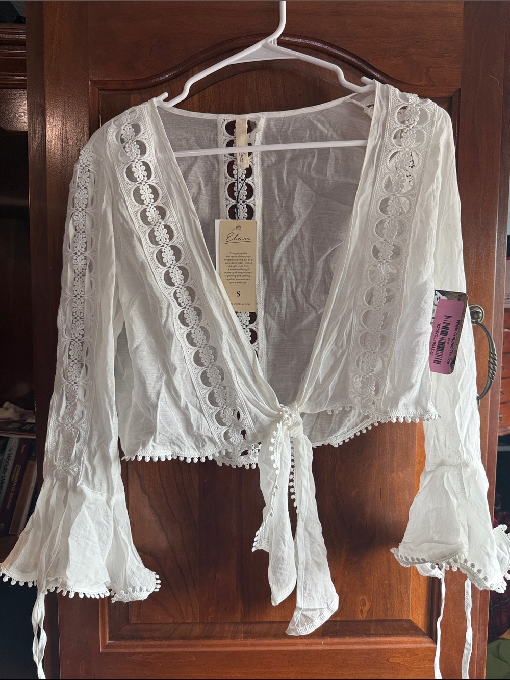 Boho Tie-Front Lace Trim Crop Top - White